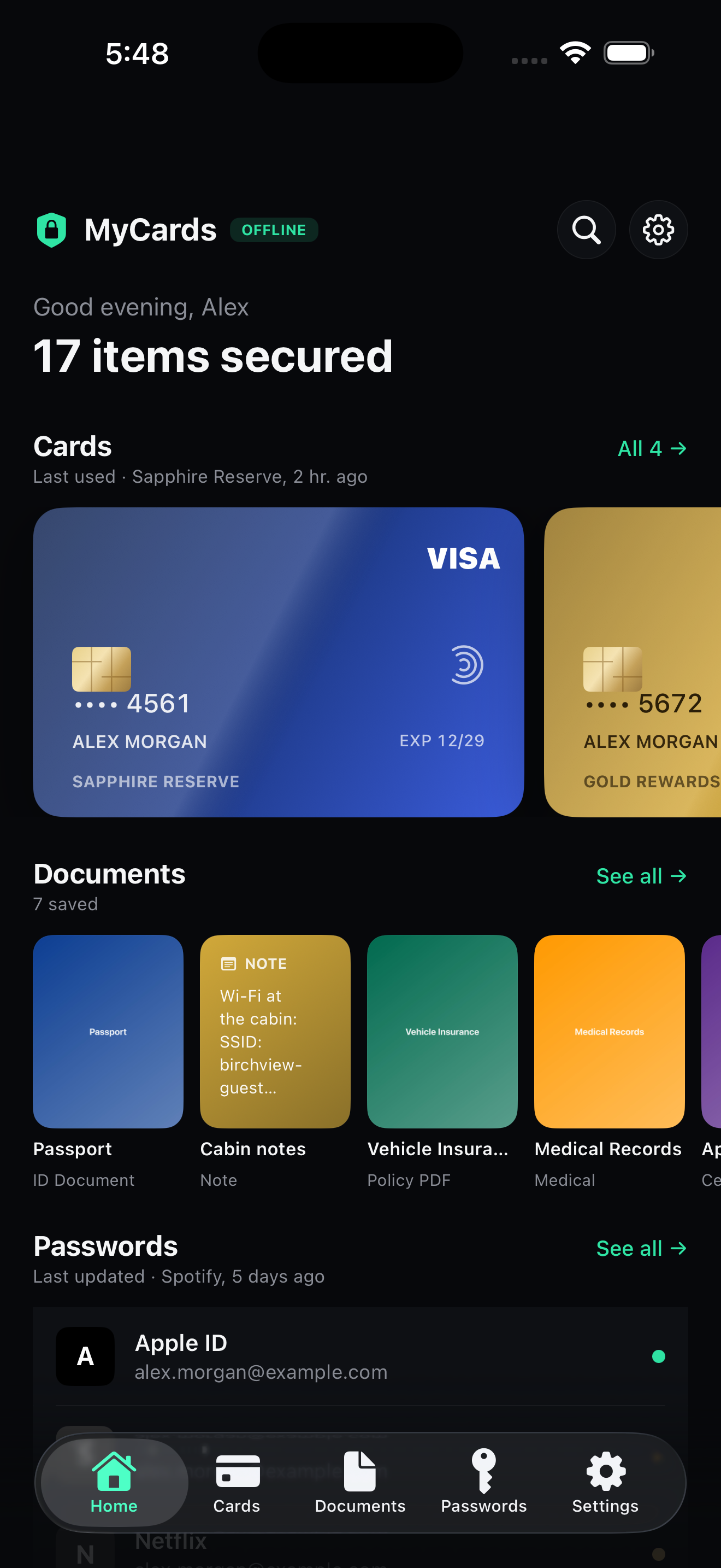 MyCardsandDocs home dashboard