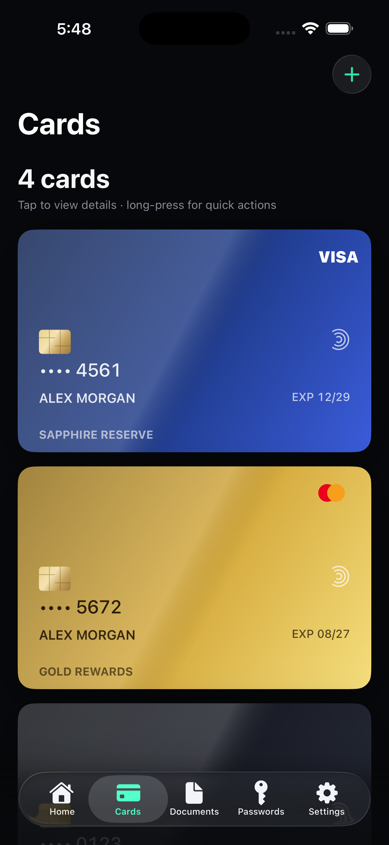 Cards tab
